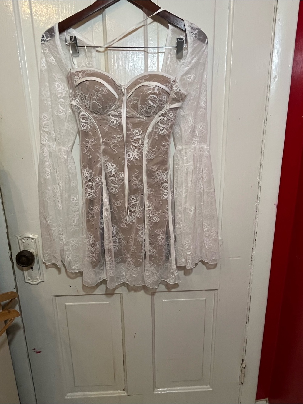 Fashion Nova White Lace Long Sleeve Corset Mini Dress with Nude Slip